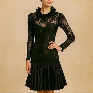 VINTAGE 70s VICTOR COSTA Couture Pleated Ruffle and Lace Midi Dress